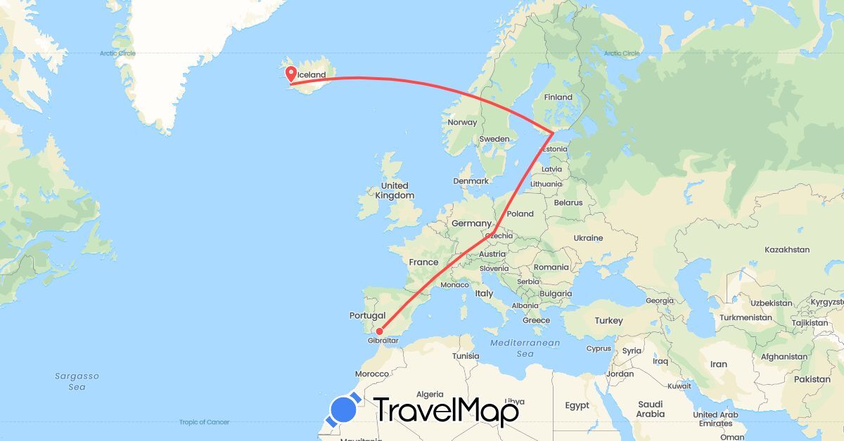 TravelMap itinerary: driving, hiking in Czech Republic, Spain, Finland, Iceland (Europe)